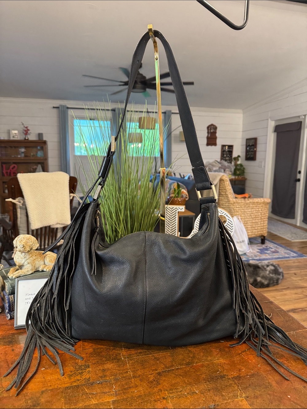 All Saints Black Leather Fringe Shoulder Bag